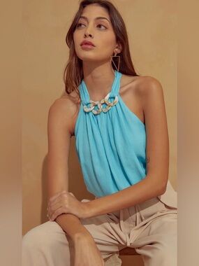 Sleeveless Halter Top with Link Neck Detail - Aqua Blue